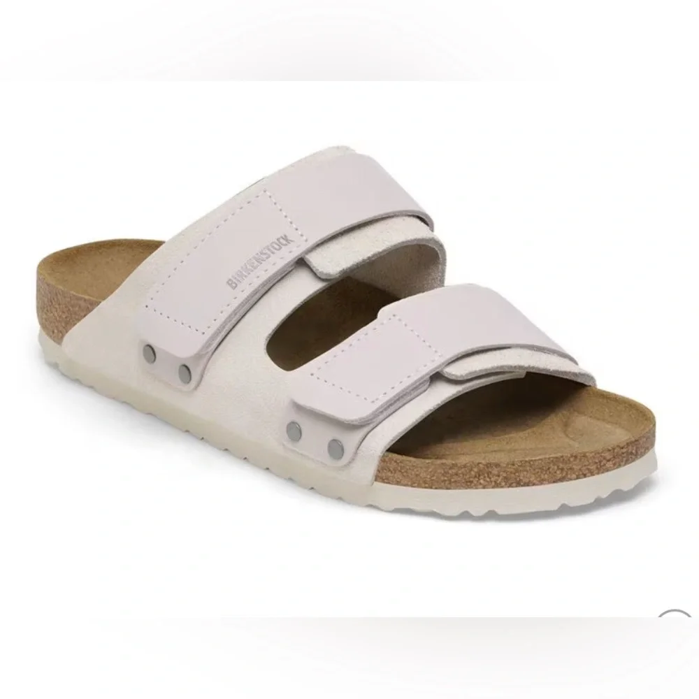 Birkenstock Uji Leather Suede Slide Sandals | Taupe/ Antique White | Size 36